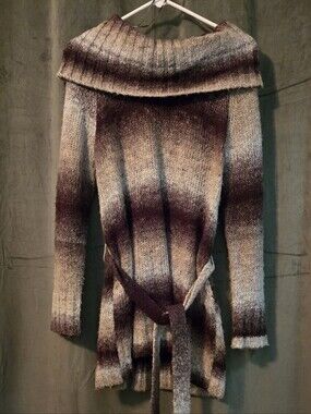 Striped Belted Off-Shoulder Sweater in Brown and Cream